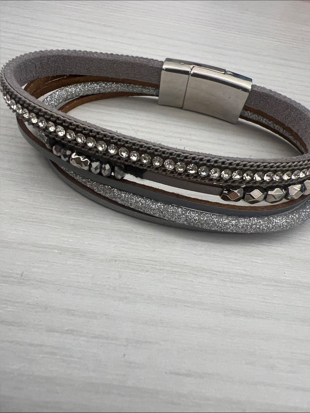 Silver Multi-Strand Rhinestone & Leather Wrap Bracelet
